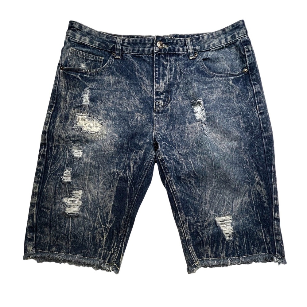 Carbon Denim Shorts MENS 36 Blue Acid Wash Relaxed Fit Distressed Ripped Raw Hem